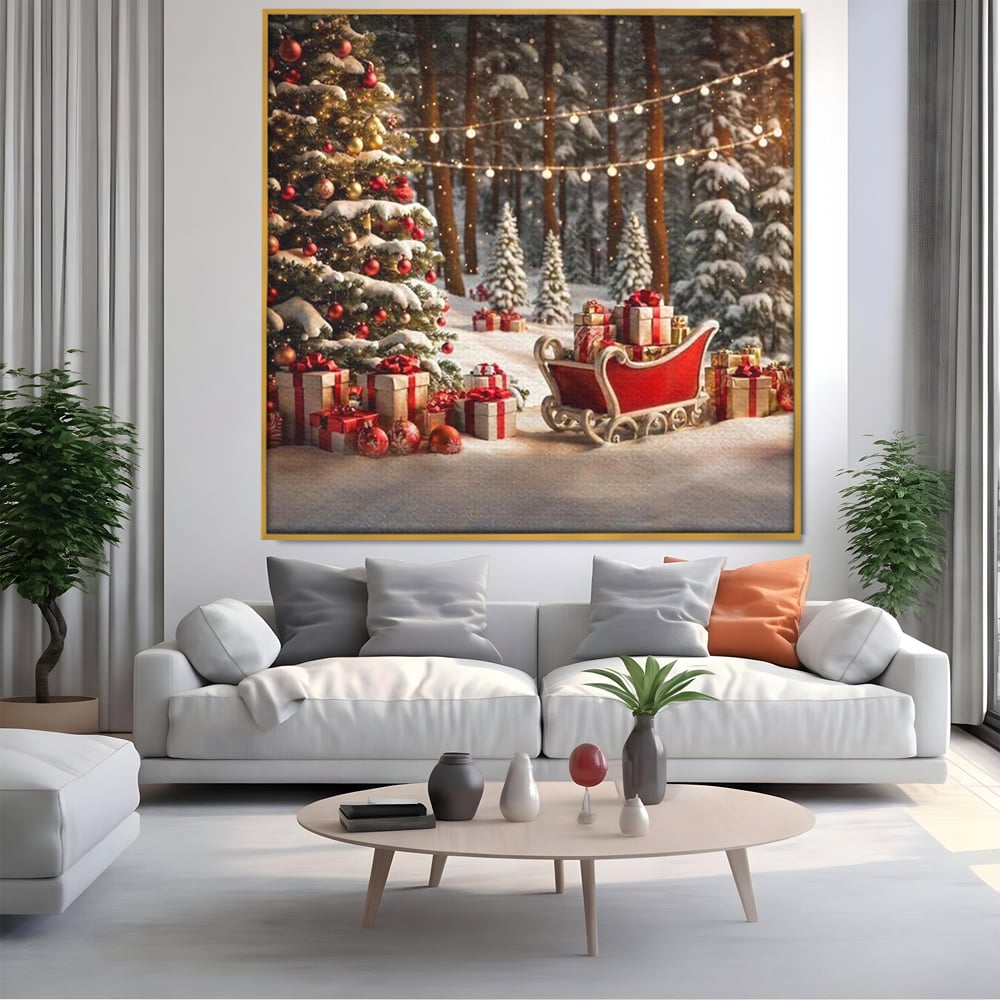 Tablou canvas cu tablou canvas cu peisaj de iarna, in rama de aluminiu auriu, pe perete intr-un living